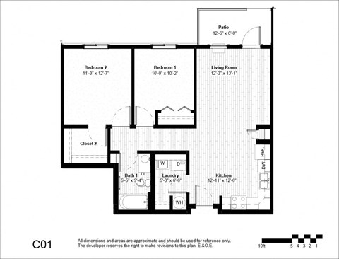 Floor plan for 2 beds, 1 bath, 876 sqft